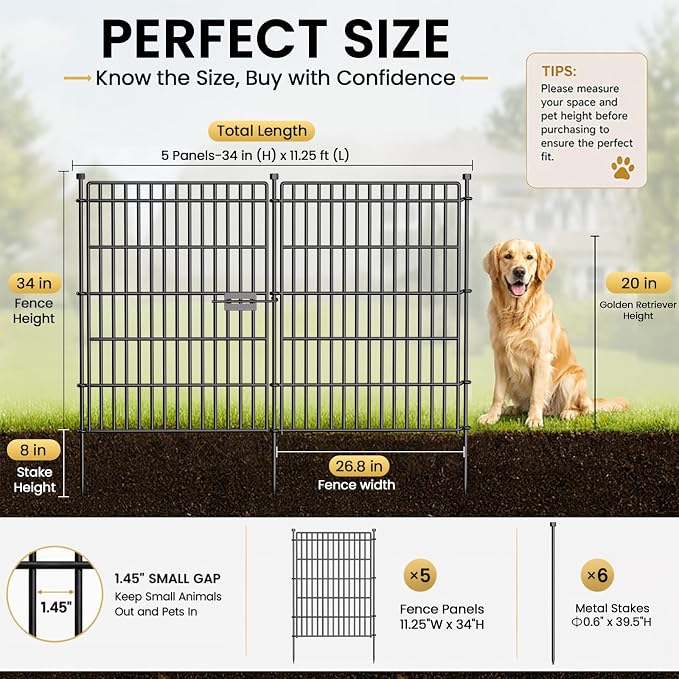 5 Panels No Dig Garden Fence with Gate, 34in(H) × 11.25ft(L) Decorative Metal Outdoor Dog Fence, Rustproof Pet Fencing for Yard, Patio, Flower Bed -Temporary Fencing| Easy to Install
