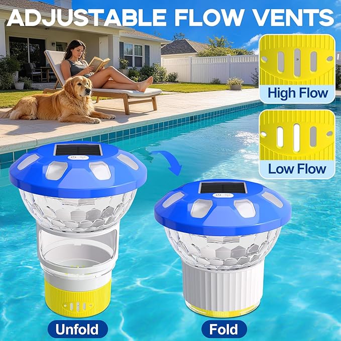 AquClor Chlorine Floater with Light,Pool Chlorine Floater with Adjustable Flow,Solar Chlorine Floater w/Large Capacity,Collapsible Floating Chlorine Dispenser for Pool,Hot Tub Chlorine Floater,Yellow