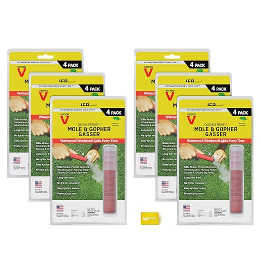 Victor Quick-Strike Mole & Gopher Gassers – 24Total Gassers, Self-Igniting Burrow Pest Control, Waterproof & Windproof, Long-Burn Outdoor Tunnel Treatment (6)