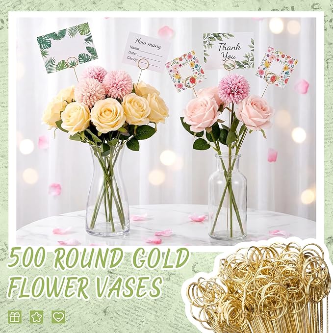 Patelai 500 Pcs 12'' Golden Ring Loop Round Shape Card Holders Floral Picks Clips for Wedding & Flower Arrangements, DIY Craft Wire Clip Table Card Holders Note Photo Picture Memo Holder Cake Topper