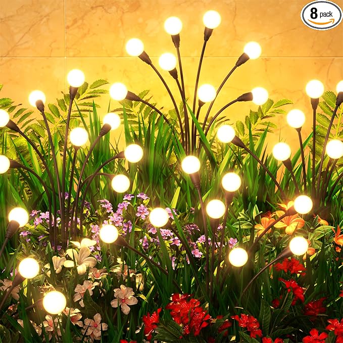 8 Pack Solar Garden Lights 64 LED, Solar Lights Outdoor Waterproof IP65, Decorative Garden Lights Solar Powered for Yard Decor, Outside Solar Firefly Fairy Lights Garden Gifts