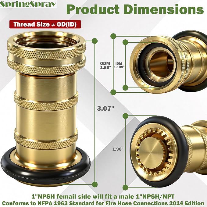 1" NPSH/NPT Brass Fire Hose Nozzle, Heavy Duty Adjustable Spray Jet Fog Nozzle, Constant Flow Industrial Firefighter Nozzle, 36 GPM, 100 PSI