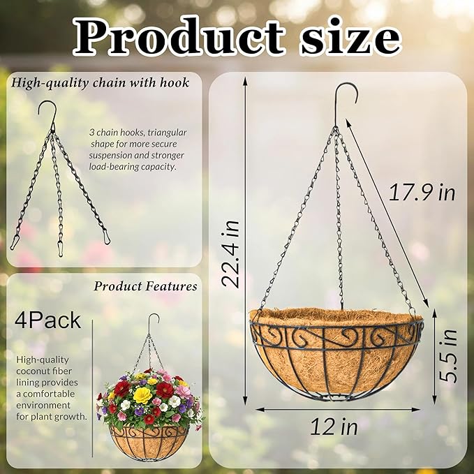 4 Pack 12 Inch Metal Hanging Planter Basket，Natural Round Coconut Hanging Plant Flower Pot，Coconut Coir Planter for Hanging Basket Flowers/Vegetables Home Garden Patio Decoration Flower