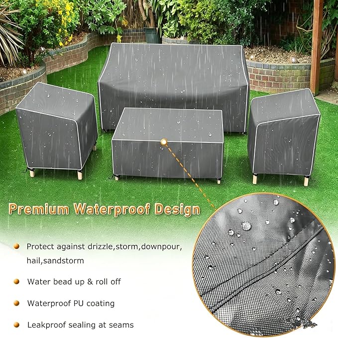 STARTWO Outdoor Waterproof Patio Furniture Covers 4-Piece Set for Chairs, Loveseat and Coffee Table,Grey+White Seams