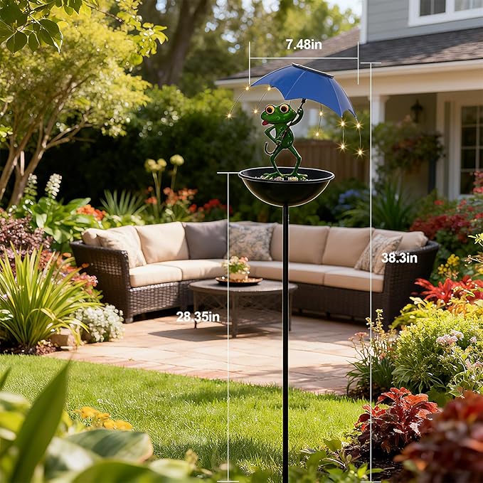 Garden Decor Solar Bird Feeder Frog, Frog Gifts Hummingbird Feeder Decorative Path Lights Yard Art Ornament Bird Feeder,Outdoor Solar Lights Frog Figurine Lights with Umbrella (Frog)