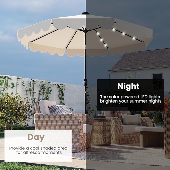 Tangkula 9 FT Solar Patio Umbrella, 2-Tiers Scalloped Outdoor Table Market Umbrella with 32 LED Lights, Vented Top, Tilt Adjustment, Crank, 8 Ribs for Backyard Poolside Deck Beach Lawn (Beige)