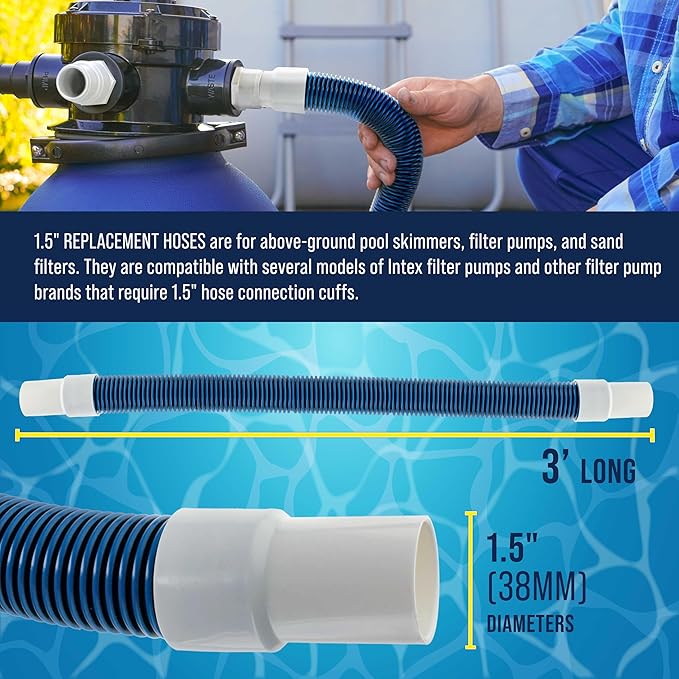U.S. Pool Supply 1.5" Heavy-Duty Above Ground Pool Hose Replacement Kit - 2 Durable 3 Foot Hoses, 2 Connection Adapters, 4 Clamps - Compatible with Intex Pool Filter Pumps
