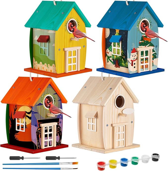 Liliful Wooden Bird House Kits, Build It Yourself Woodworking Kit for Adult Kids 4-8, 8-12 with Paint and Paintbrushes, Solid Weather Proof Natural Pine Wood, Pre Drilled(1 Pack,Rural Style)