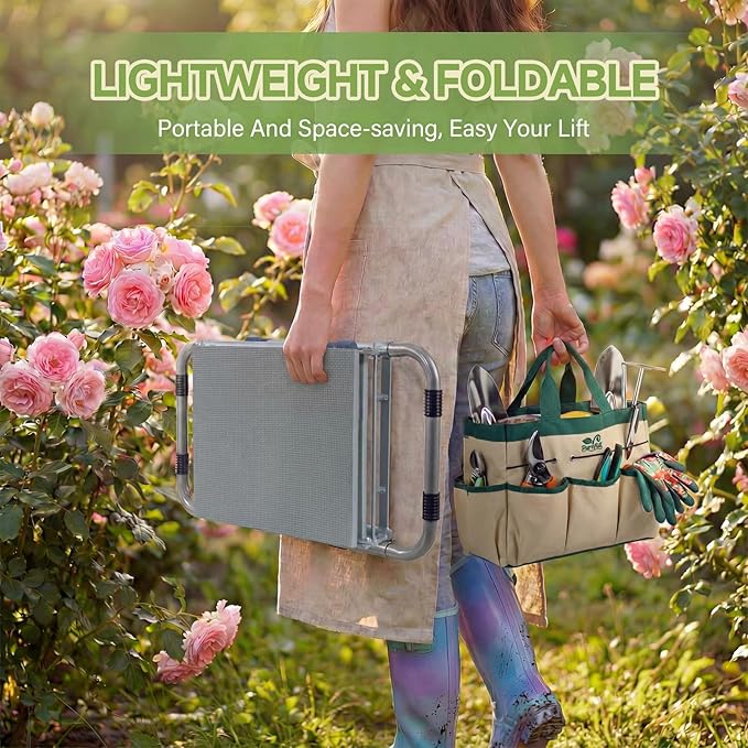 2-in-1 Garden Kneeler and WorkSeats Heavy Duty, Foldable Garden Bench with Wider & Thicker EVA Pad, Portable Gardening Stool with Exclusive Tool Handbag & Color Box, Garden Gifts for Senior