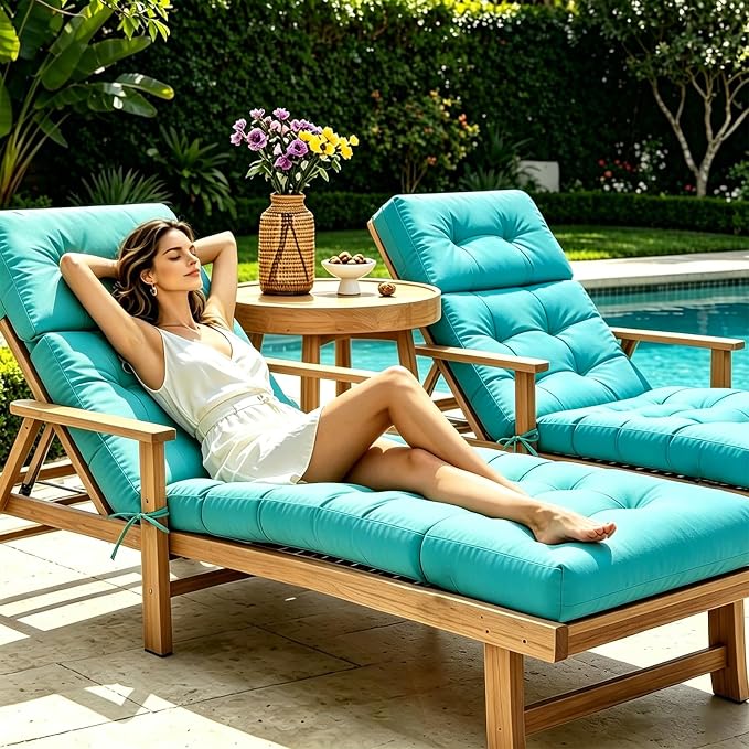 Non-Slip Outdoor Chaise Lounge Chair Cushion, Waterproof 74.4 x 22 x 4.7 Inches Lounge Chair Cushions for Outdoor Patio Furniture with Ties, Pool Chaise Lounge Cushions Replacement, Teal