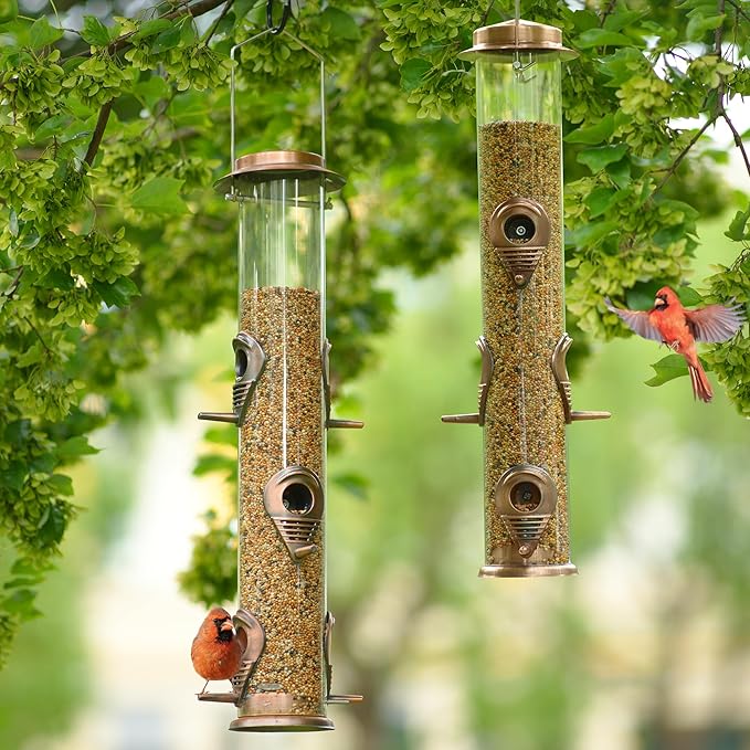MIXXIDEA 2PK Metal Bird Feeders with 6 Feeding Ports,Tube Bird Feeder with Steel Hanger,Wild Bird Feeder for Outdoors Hanging, Attracting Birds in Your Lawn, Garden, Balcony (Antique Copper)