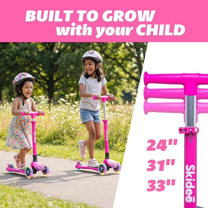 SKIDEE Kick Scooter for Kids Ages 3-5 | Foldable 3 Wheel Scooter with Lean-to-Steer, Adjustable Height, Removable Seat & LED Light Wheels | Toddler Scooter Up to 12 Year Old Boys/Girls