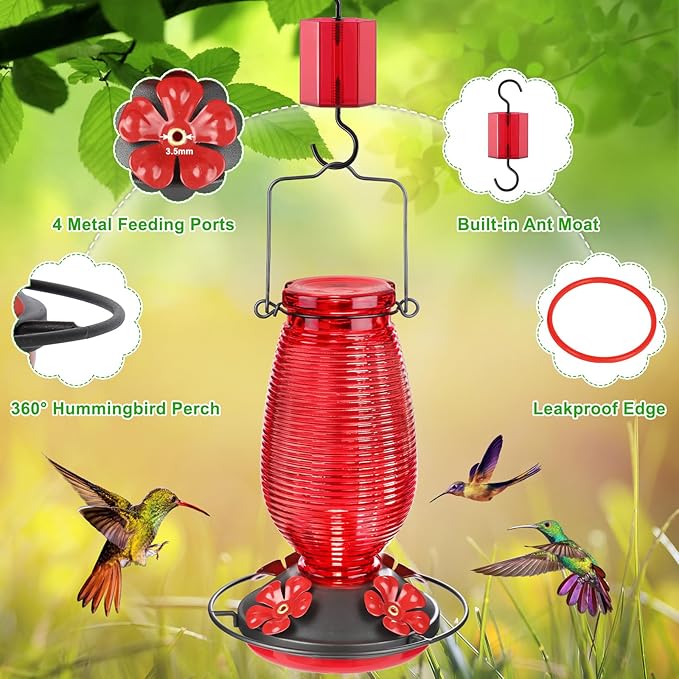 FEED GARDEN Glass Hummingbird Feeder for Outdoors Hanging, 20 OZ Humming Birds Feeders with 6 Bee Guard Feeding Ports & Built-in Ant Moat, Bird Feeder for Outside, Red