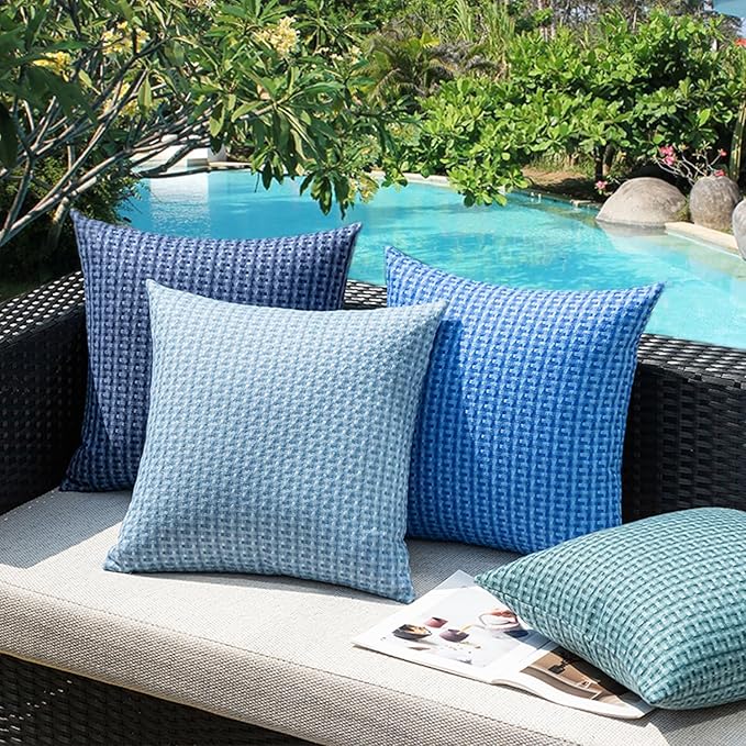 Kevin Textile Outdoor Waterproof Throw Pillow Covers Pack of 2 Weaving Texture Water Resistant Outside Decorative Cushion Covers for Garden Patio Tent Balcony Bench Couch Sofa 18x18 Inch, Blue