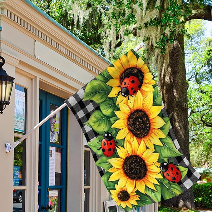 Morigins Spring Garden Flag Double Sided Ladybug Sunflower Flower Buffalo Plaid Farmhouse Yard Flag Summer Seasonal House Flag 28×40 inch