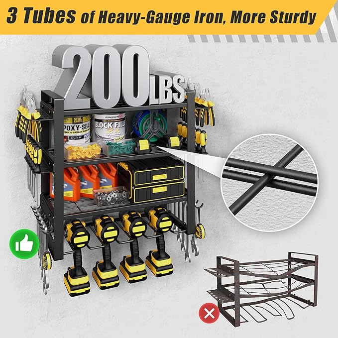 Jusgym Power Tool Organizer Wall Mount |200lbs Garage Tool Storage Rack with 4 Cordless Drill Holder |4-Tier Heavy Duty Garage Organization |Gifts for Men