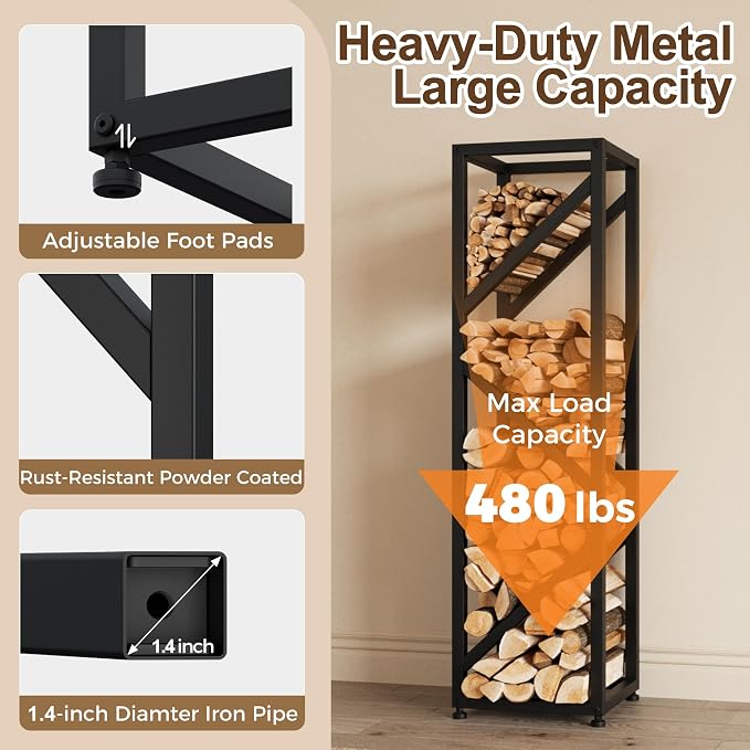 Firewood Rack Indoor 47 Inch Tall, 4-Tier Heavy-Duty Firewood Holder for Fireplace with Minimalist Style, Decorative Log Rack, Flexible Storage, Space-Saving, Easy Assembly, Black