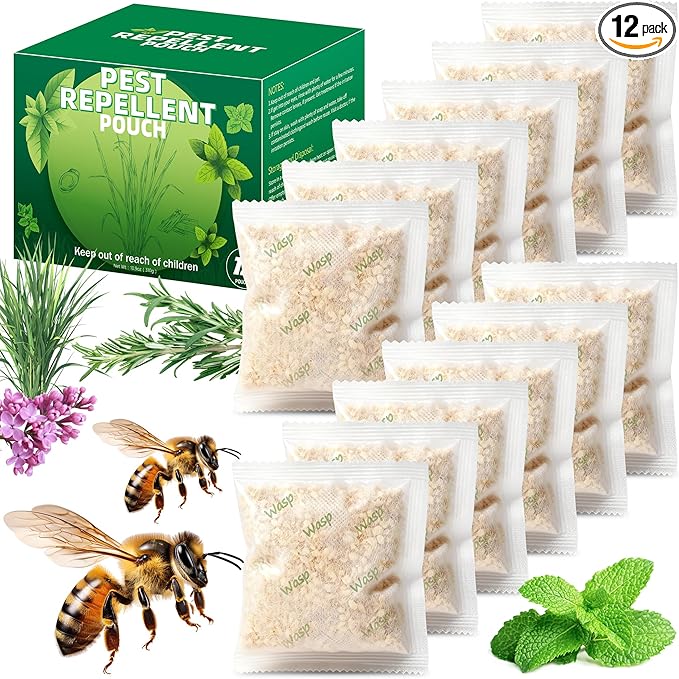12 Pack Natural Wasp and Bee Repellent Pouch Outdoor, Peppermint Oil Carpenter Bee Repellent for Yellow Jackets, Hornets, Mud Wasps Deterrent for Indoor Outdoor Patio Garden Porch, Pet and Human Safe