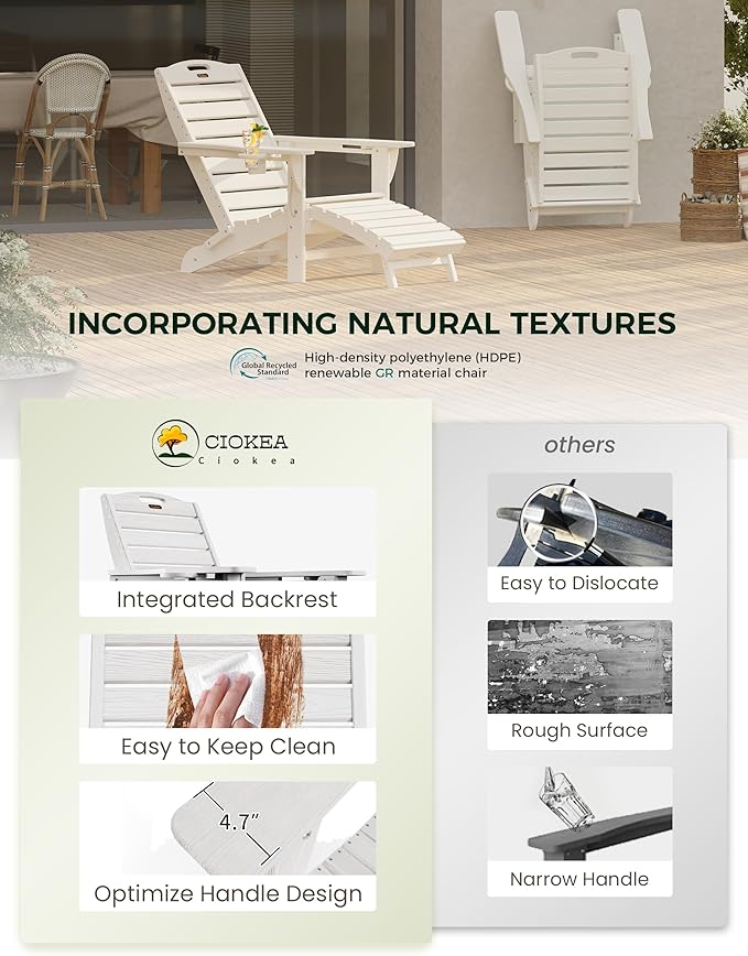 Ciokea Folding Adirondack Chair Set of 2 with Retractable Ottoman Fire Pit Patio Chair with Pull Out Foot Rest Weather Resistant Lawn Outdoor Chair with 2 Cup Holder (White)