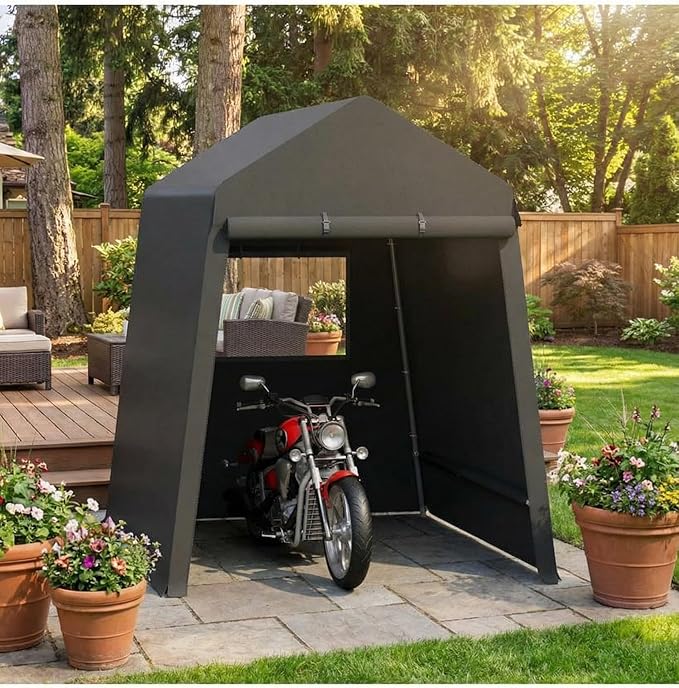 Garvee 6X8 Ft Outdoor Storage Shed, 2 Rolled Up Zipper Doors Portable Storage Shed, Waterproof Cover Vents Carports Temporary Shelter for Bike, Motorcycle, Gardening Tools, Generator, Black