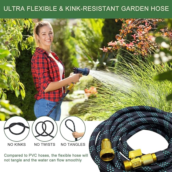 Garden Hose 100 ft, Non-Expandable Flexible Water Hose with 10 Function Spray Nozzle, Lightweight, Leak Proof, Kink-Free, Portable Hose for Outdoor, Yard, Lawn, High-Density Fabric, Black Blue