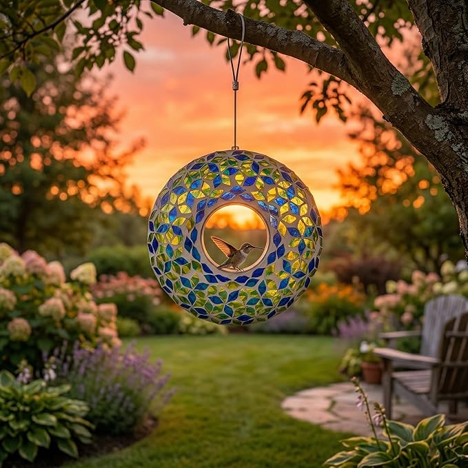 DUSVALLY 9 Inch Fly Through Bird Feeder for Wild Birds, Colored Glass Mosaic Outdoor Hanging Feeder - Squirrel Proof Design, Easy Clean, Weather Resistant for Garden Patio Hummingbirds Finches