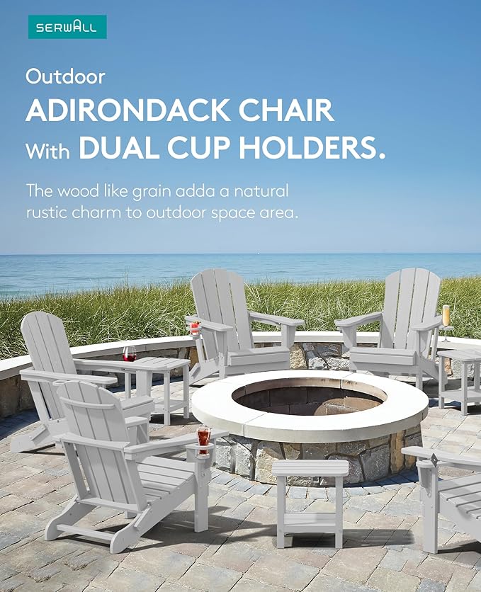SERWALL Adirondack Chair with Cup Holders - Composite Adirondack Chairs Set of 2 HDPE Outdoor Chairs All Weather Use- Silver Gray
