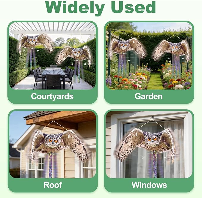 Fake Owl Hanging Outdoor Decoration, 5 Pack Flat Garden Owl with Reflective Tape and Bell to Scare Squirrel Pigeon Woodpecker from House Patio Yard Porch Window, Plastic Owl Scarer
