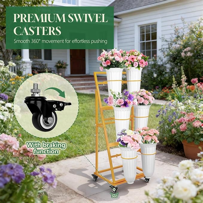 3FT Flower Display Stand with 6 Buckets,Metal Flower Bar Stand with Wheels,3 Layers Moving Florist Bouquet Shelf for Indoor Outdoor Garden,Flower Shop,Wedding,Party Decor (GOLD)