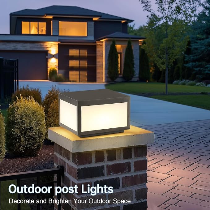 Outdoor Modern Post Light Hardwired,10" Square Metal Column Lights for Pier Mount & Flat Surface, IP65 Waterproof Sparkly Grey Stainless Steel Pillar Lamps for Patio Garden Driveway Deck Outside