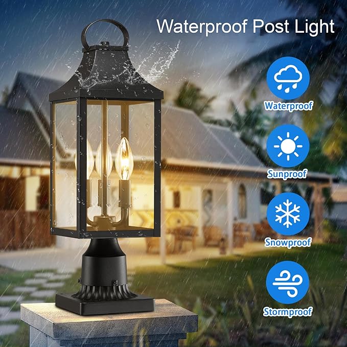 18.62 Post Light Outdoor, Large 3-Light Lamp Post Light Fixture, Modern Pillar Outside Lighting Waterproof Post Lantern Lamp Outdoor Post Light Fixtures Pole Lights for Porch, 1 Pack