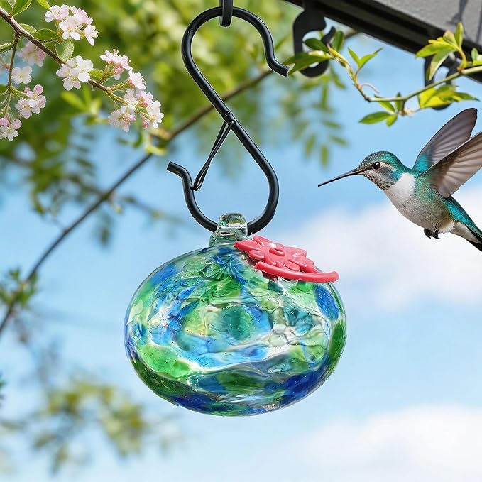 QFkris Blown Glass Hummingbird Feeder for Outdoors Hanging, Small Hummingbird Feeder with Flower Feeding Ports for Outside Garden Backyard Decor, Gifts for Women Mom(Green)