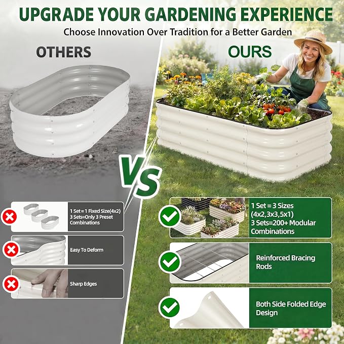 3 Pcs Raised Garden Beds Outdoor, 17" Tall 3-in-1 Modular 4x2ft Galvanized Metal Planter Box with Bracing Rods and Gloves for Vegetables Flowers Herbs, White