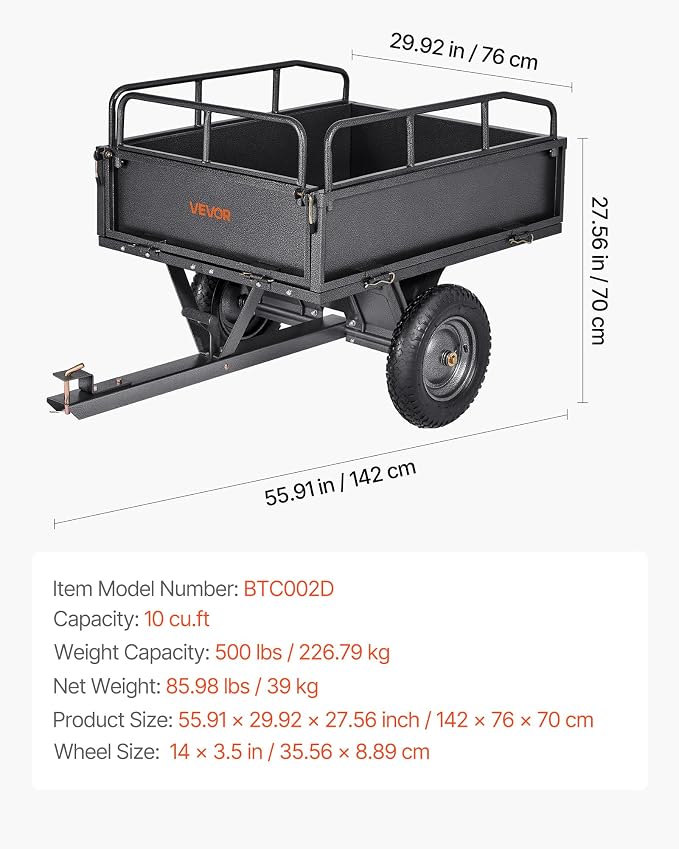 VEVOR 10 Cu.Ft. & 500lbs ATV Trailer Dump Cart Tow Behind, Heavy Duty Utility UTV Trailer, Tow Behind Steel Yard Dump Wagon Cart with 14" Tires for Lawn Mower Tractor