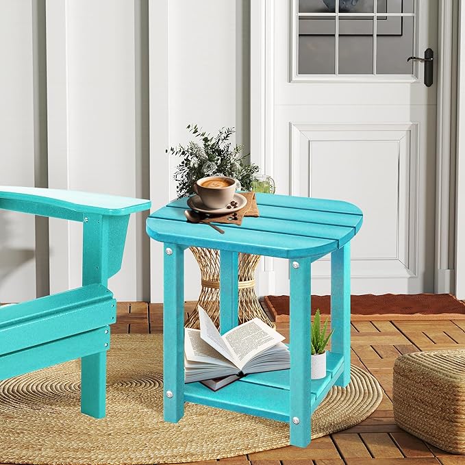 LZRS 2-Tier Patio Side Table, Heavy Duty HDPE Outdoor End Table with Wood Texture, Weatherproof Composite Table for Adirondack Chairs, Deck, Pool, Indoor/Outdoor, No Peeling Cracking(Turquoise)