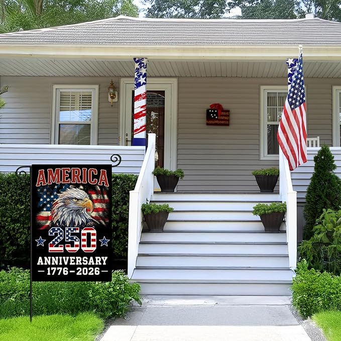 250 Anniversary USA Garden Flags for Outside, 4th of July 250th Years American Patriotic Banner, Blessing United States 12x18 Inch Double-Sided with Bald Eagle, 1776-2026 Yard Merchandise Decoration