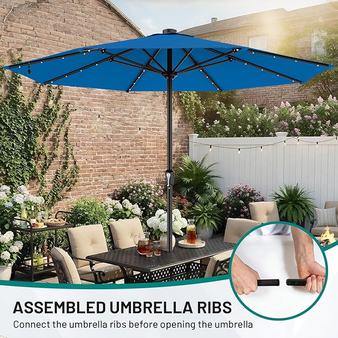 AreShark 11FT Large Patio Umbrella with Solar Lights, Lighted Solar Umbrella with Crank, Outdoor Table Market Umbrellas for Garden, Deck, Backyard, Pool and Beach, Royal Blue