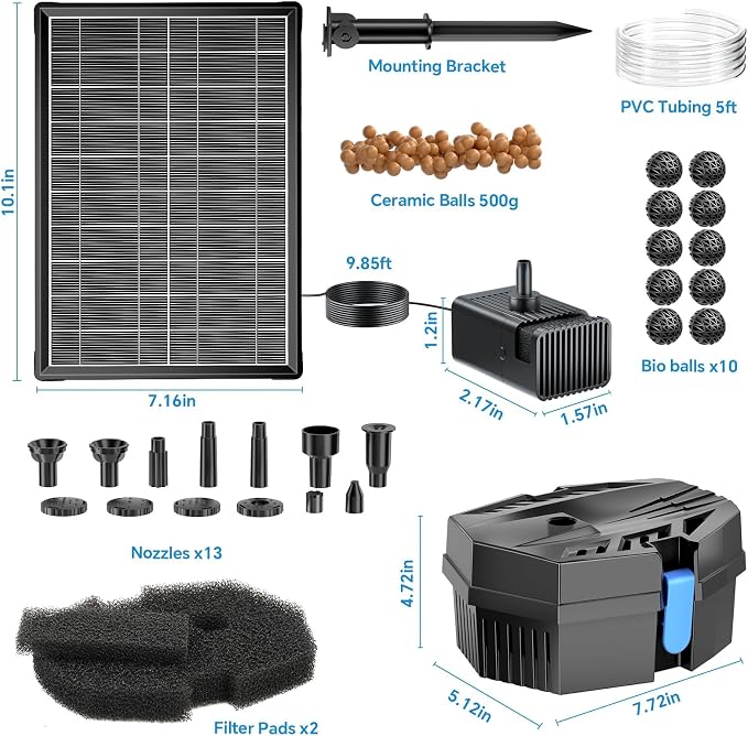 POPOSOAP 8W Solar Pond Filter with Built-in 3000mAh Battery Backup, Solar Fountain Pump for Small Ponds, Pond Filter Keeps Water Clean & Flowing for Bird Bath, Fish Tank, DIY Water Features P3081D