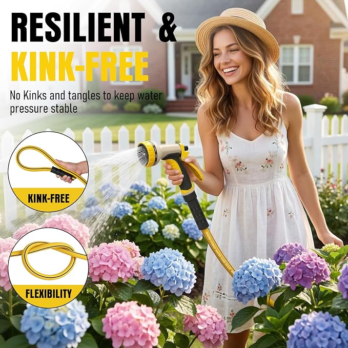 Garden Hose 35 ft x 5/8" with Nozzle, Water Hose Heavy Duty Flexible, Lightweight Kink-less Hybrid Hose with Swivel Handle, Male to Female Fittings