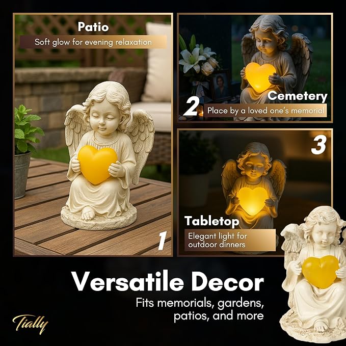 TIALLY Solar Garden Angel Statue – Praying Guardian Angel Statue Light for Outdoor Yard Decor, White Resin Garden Sculpture with Soft Glow for Angels Memorial or Cemetery Use (Pack of 4)