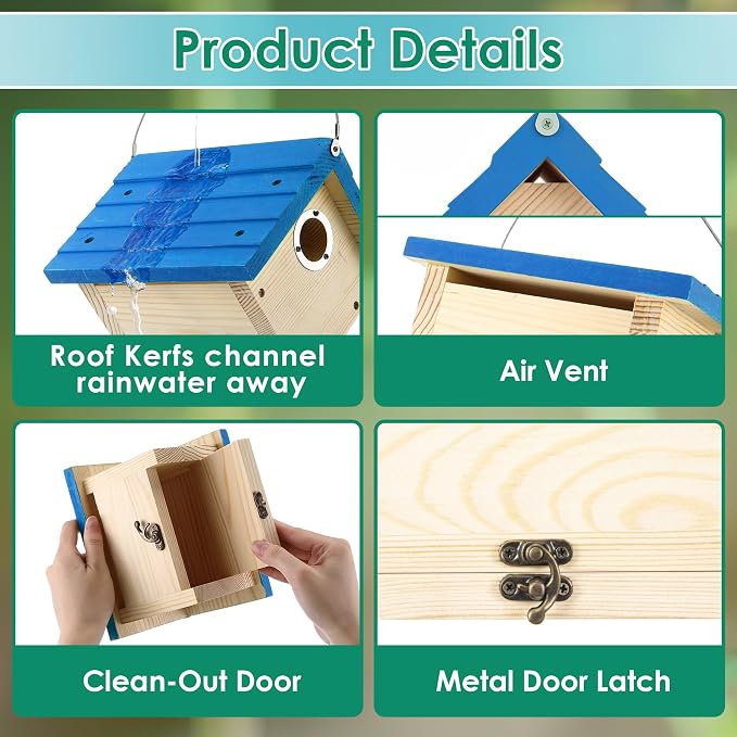 Dreyoo 2 Pack Wren House, 1-1/8'' Entrance Hole Hanging Wooden Wren Bird Houses for Outside with Metal Guard, Air Vents, Pine Wood for Chickadees (Blue,Wood Color)