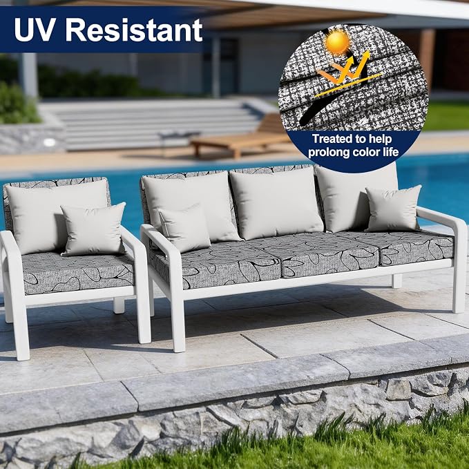Smiry Waterproof Patio Cushion Covers, Stretch Outdoor Couch Slipcovers Replacement Washable Furniture Protector Sofa Chair Seat Cover for Dogs and Pets (8 Pcs, Grey and Black)