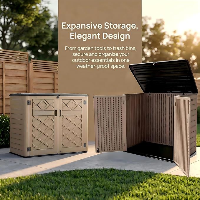 38 Cu. Ft Horizontal Resin Storage Shed, Outdoor Storage Cabinet, Weatherproof, Easy to Assemble, Outdoor Storage Box for Backyards/Patios/Garden, No Shelf (Brown)