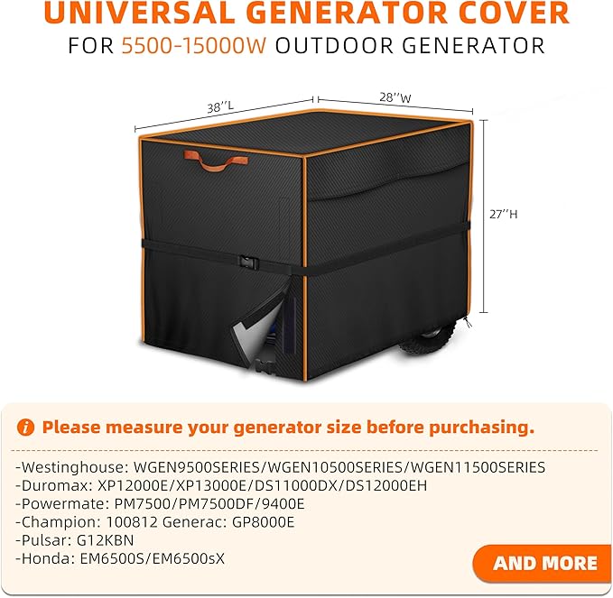 Inverter Generator Cover 38x28x27 inch, Large Outdoor Generator Cover Waterproof & Heavy Duty & Windproof cover for DuroMax,Westinghouse,Champion,Predator,Honda Generator 5500-15000W, Black