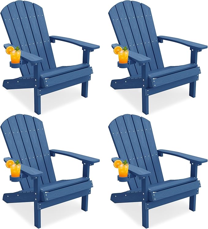 YEFU Adirondack Chairs Set of 4: Outdoor Chair HIPS Plastic Adirondack Chairs - Patio Chairs with Cup Holder & Wood Texture - Lawn Fire Pit Deck Porch Garden Chairs for Adults (Navy Blue)