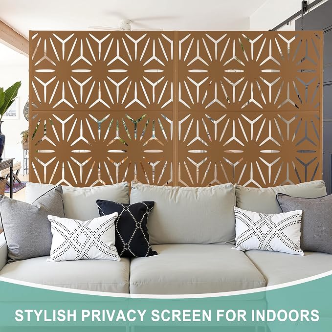 Metal Privacy Screen for Outdoor & Indoor Use, Free Standing Privacy Screen for Patio Garden Pool, 72" H x 47" W Decoative Privacy Panels, Weather Resistant, Easy Assembly (Brown Star)