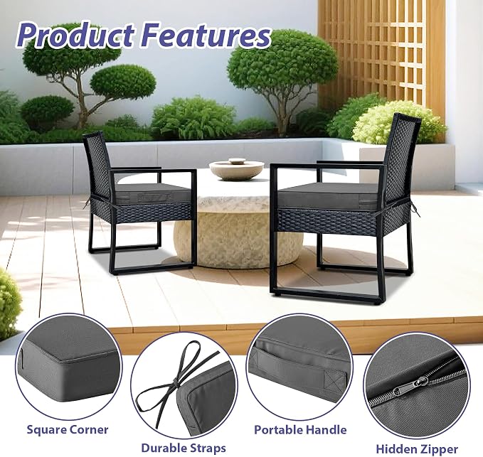 IPYNBAP Outdoor Chair Cushions Set of 4 -Waterproof Outdoor Seat Cushions for Patio Furniture, Patio Chair Cushion with Handle and Ties, Out Door Chair Pads,18.5x16x3-Square, Darkgrey