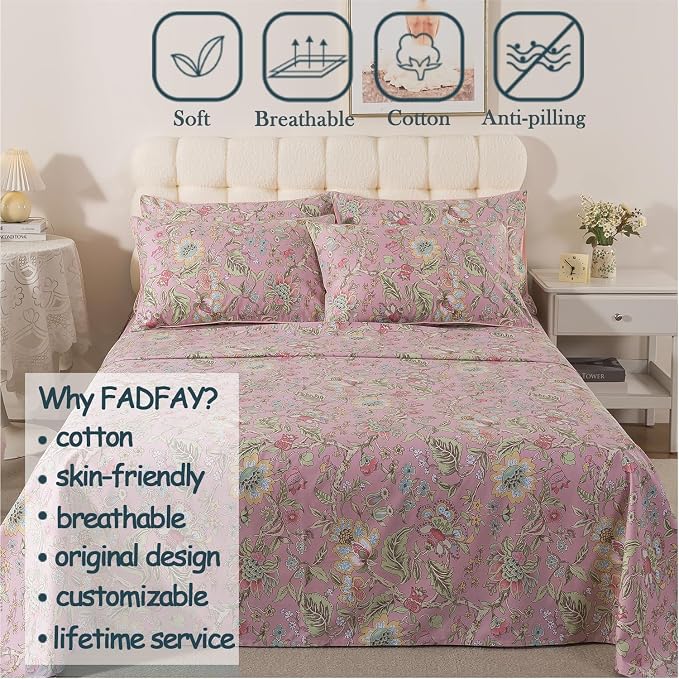 FADFAY Cal King Sheet Set 4Pcs 100% Egyptian Cotton Sheets Deep Pocket Soft Breathable Vintage Misty Pink French Country Bedding Shabby Cottagecore Floral Bedding Luxury Hotel Quality for All Seasons
