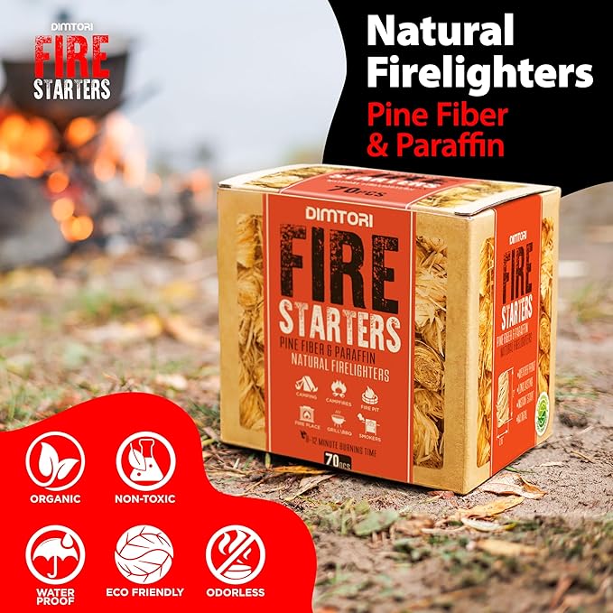 70 pcs Fire Starter - Natural Fire Starters for Campfires, Fire Pit, Pizza Oven, Fireplace, Smoker, BBQ, Pellet Stove & Wood - Fire Starters for Grill, Charcoal Starter