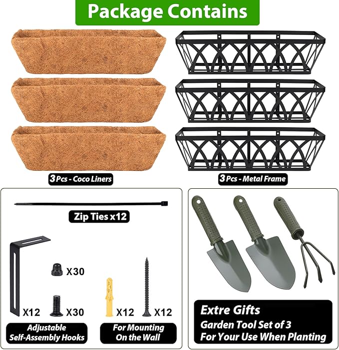 HKZ Deck Balcony Railing Planter Window Boxes - 3 Pack 30 Inch Planter Box, Balcony Planters Railing Hanging, Window Boxes Outdoor Fence Planters
